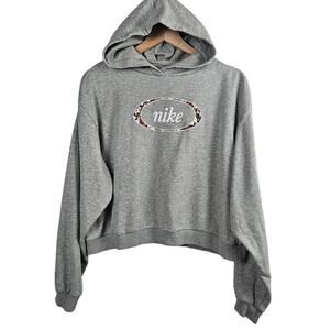 Nike Floral Logo Cropped Hoodie Sweatshirt L Hearther Grey Pullover‎